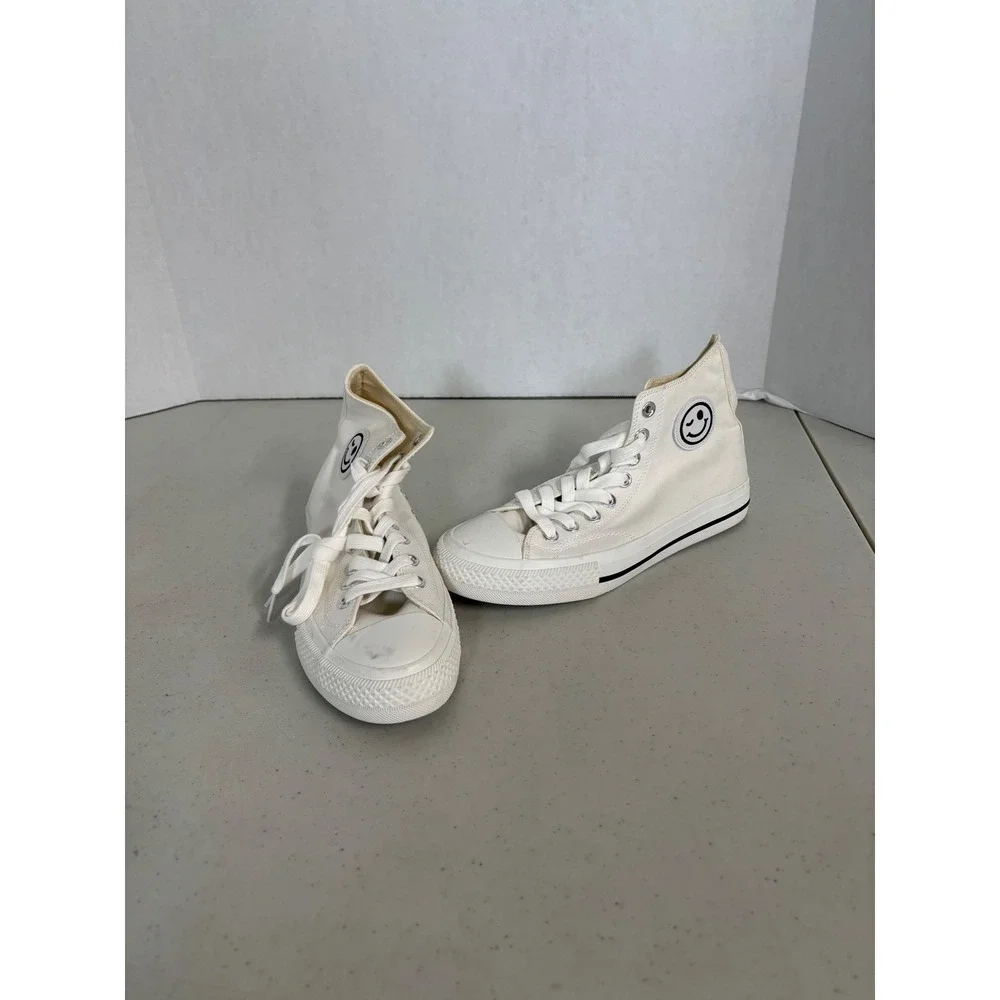 Ccocci Womens High Top Canvas‎ Sneakers Off White Smiley Face Patch Size 8